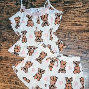 Teddy Bear Print White & Pink Sleep Cami and Shorts Pajama Set